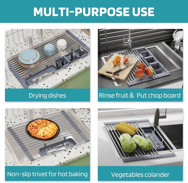 BBXTYLY Expandable Roll Up Dish Drying Rack Up to 22.8''with 2 Storage Baskets,Over The Sink Kitchen Rolling up Dish Drainer Drying Rack, Foldable,Rollable,for Kitchen Dishes(Expandable Width Size) - Image 5