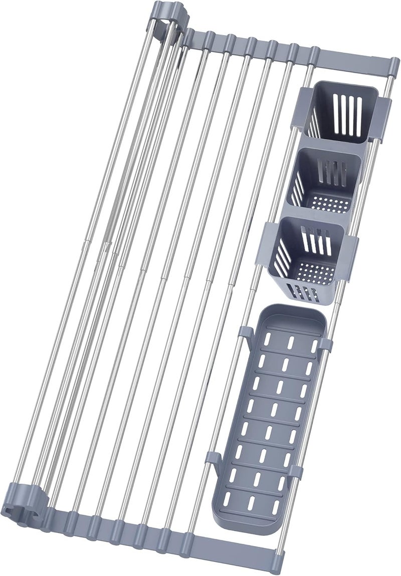 BBXTYLY Expandable Roll Up Dish Drying Rack Up to 22.8''with 2 Storage Baskets,Over The Sink Kitchen Rolling up Dish Drainer Drying Rack, Foldable,Rollable,for Kitchen Dishes(Expandable Width Size) - Image 1