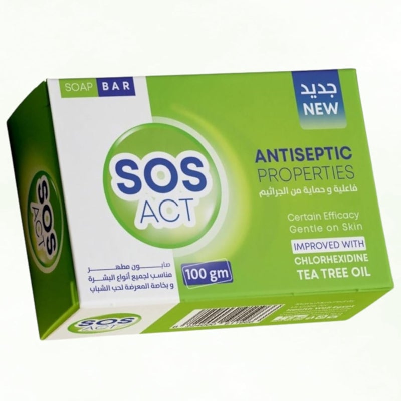 SOS Act Antiseptic Soap Bar with Tea Tree Oil & Chlorhexidine – Deep Cleansing & Gentle Protection for All Skin Types, 100g – Family Daily Use by Health Well Egypt