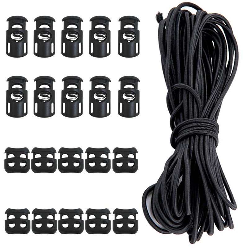 20 Pcs Plastic Cord Locks kit Elastic Bungee Nylon Shock Cord 18 50 ft Lengths DaKuan 10 Pcs SingHole 10 pcs DoubleHole Black End Spring Toggle Stopper Slider with Crafting Stretch String