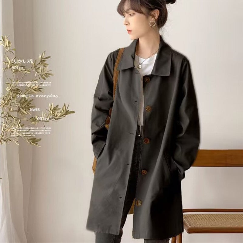 Spring and Autumn top womens Korean-style loose windbreaker womens artistic mid-length simple solid color all-matching coat for junior students Fashion Black 