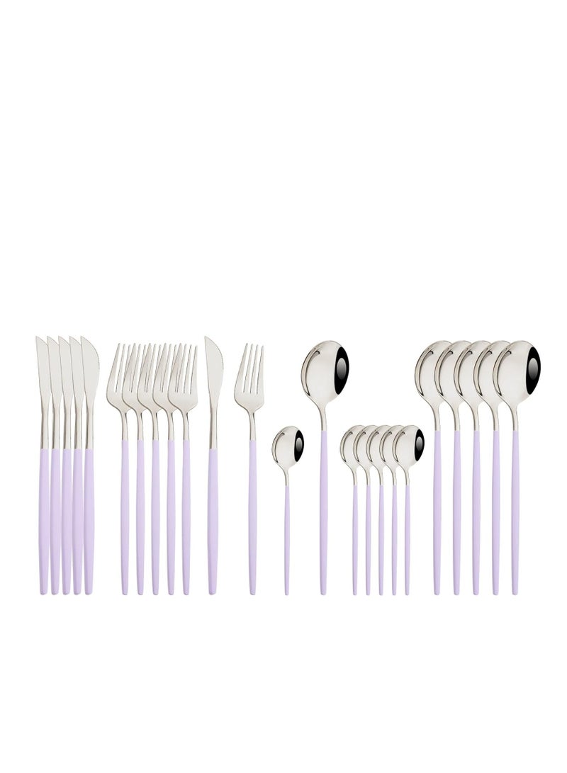 MahMir® Flatware Serving Set 24 Piece, Stainless Steel Silverware Set, Green Gold Cutlery Set, Modern Elegant Tableware Set for Party, Christmas, Dinner (Puprle Silver) - Image 1