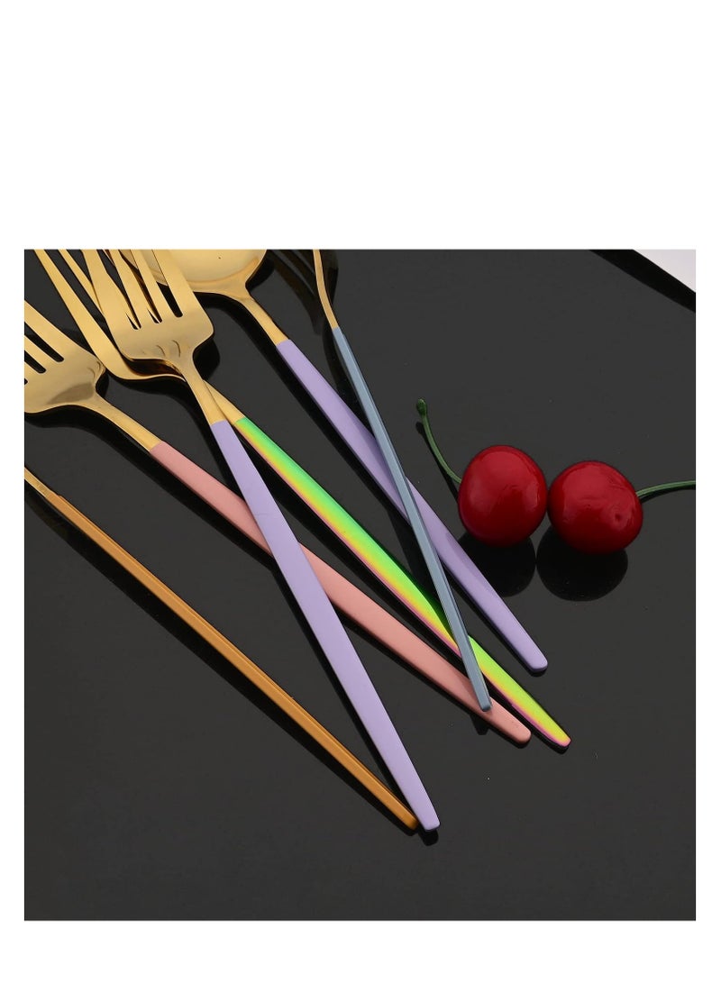 MahMir® Flatware Serving Set 24 Piece, Stainless Steel Silverware Set, Green Gold Cutlery Set, Modern Elegant Tableware Set for Party, Christmas, Dinner (Puprle Silver) - Image 2