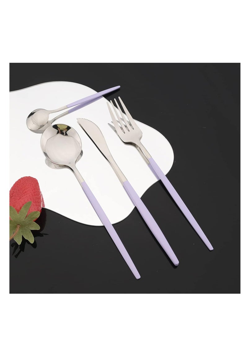 MahMir® Flatware Serving Set 24 Piece, Stainless Steel Silverware Set, Green Gold Cutlery Set, Modern Elegant Tableware Set for Party, Christmas, Dinner (Puprle Silver) - Image 3