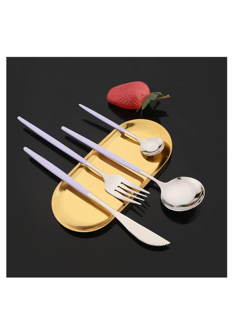 MahMir® Flatware Serving Set 24 Piece, Stainless Steel Silverware Set, Green Gold Cutlery Set, Modern Elegant Tableware Set for Party, Christmas, Dinner (Puprle Silver) - Image 4