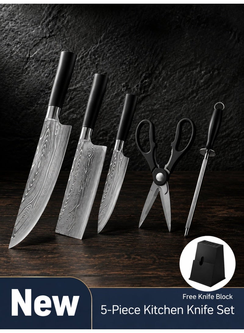 Five-piece Thickened Cutlery Set with Block, comprising a thickened boning knife, thickened slicing knife, sharp chef's knife, kitchen shears and sharpening rod. Blades are smooth with no burrs, while the satin-finish handles offer comfortable, non-slip grip. Suitable for kitchen and similar settings. - Image 1