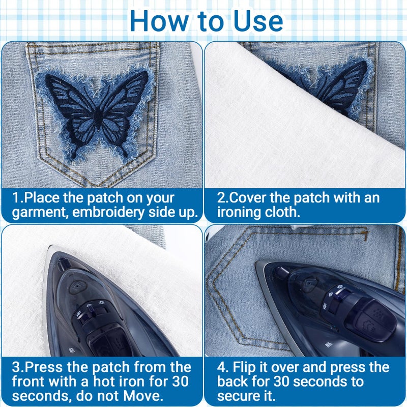 Hzopcw 3pcs Denim Butterfly Iron on Patches, Sew on Embroidered Applique with Fringe, Retro Butterfly Denim Patches Repair Decoration for Jeans Jackets Bags Hat Shoes- Blue - Image 3