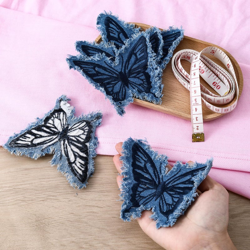 Hzopcw 3pcs Denim Butterfly Iron on Patches, Sew on Embroidered Applique with Fringe, Retro Butterfly Denim Patches Repair Decoration for Jeans Jackets Bags Hat Shoes- Blue - Image 4