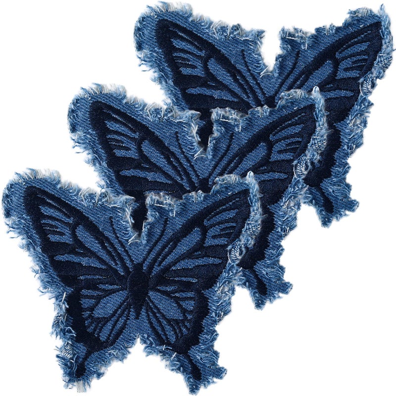 Hzopcw 3pcs Denim Butterfly Iron on Patches, Sew on Embroidered Applique with Fringe, Retro Butterfly Denim Patches Repair Decoration for Jeans Jackets Bags Hat Shoes- Blue - Image 1