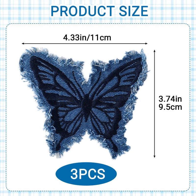Hzopcw 3pcs Denim Butterfly Iron on Patches, Sew on Embroidered Applique with Fringe, Retro Butterfly Denim Patches Repair Decoration for Jeans Jackets Bags Hat Shoes- Blue - Image 2