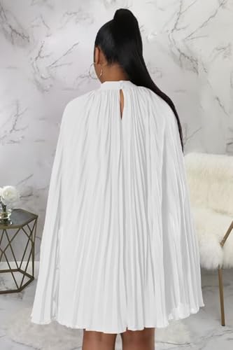 Ekaliy Women’s Stand Collar Cloak Long Sleeve Cape A Line Dress Elegant Pleated Mini Evening Dress White S - Image 5
