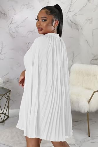 Ekaliy Women’s Stand Collar Cloak Long Sleeve Cape A Line Dress Elegant Pleated Mini Evening Dress White S - Image 4