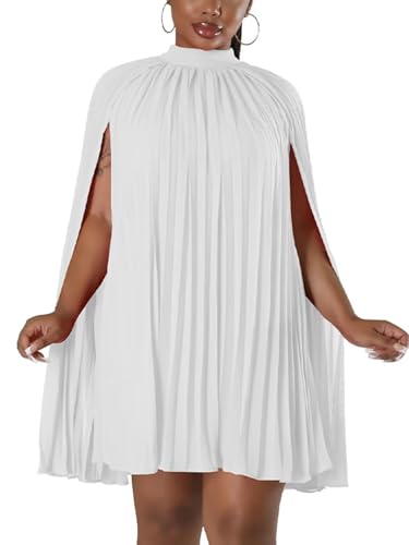 Ekaliy Women’s Stand Collar Cloak Long Sleeve Cape A Line Dress Elegant Pleated Mini Evening Dress White S - Image 1