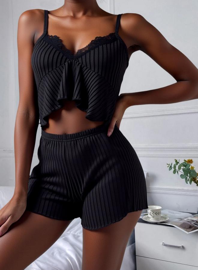 Take Two Black Ribbed Cami and Shorts Pajama Set - Image 4