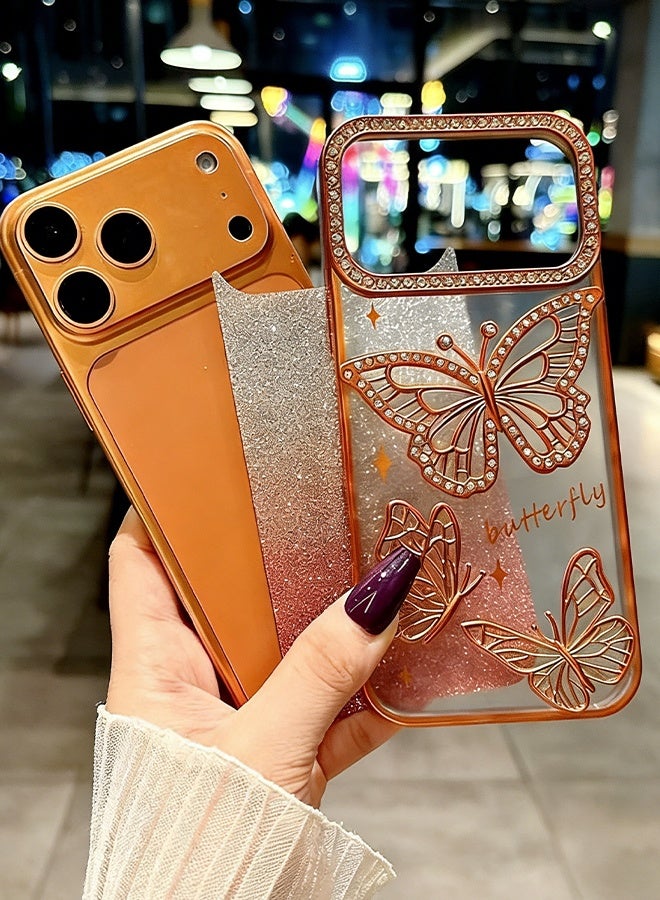 هابي دي غطاء حماية iPhone 17 Pro Max بتصميم فراشة لامعة، فاخر ومزين بأحجار الراين الكريستالية البراقة، مصنوع من مادة PC المطلية غير اللامعة، مقاوم للصدمات، فائق النحافة، باللون البرتقالي الكوني - Image 4