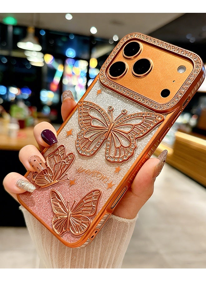 هابي دي غطاء حماية iPhone 17 Pro Max بتصميم فراشة لامعة، فاخر ومزين بأحجار الراين الكريستالية البراقة، مصنوع من مادة PC المطلية غير اللامعة، مقاوم للصدمات، فائق النحافة، باللون البرتقالي الكوني - Image 2