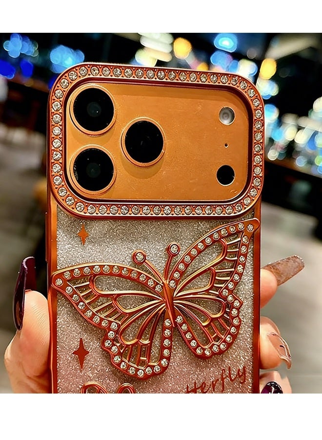 هابي دي غطاء حماية iPhone 17 Pro Max بتصميم فراشة لامعة، فاخر ومزين بأحجار الراين الكريستالية البراقة، مصنوع من مادة PC المطلية غير اللامعة، مقاوم للصدمات، فائق النحافة، باللون البرتقالي الكوني - Image 3