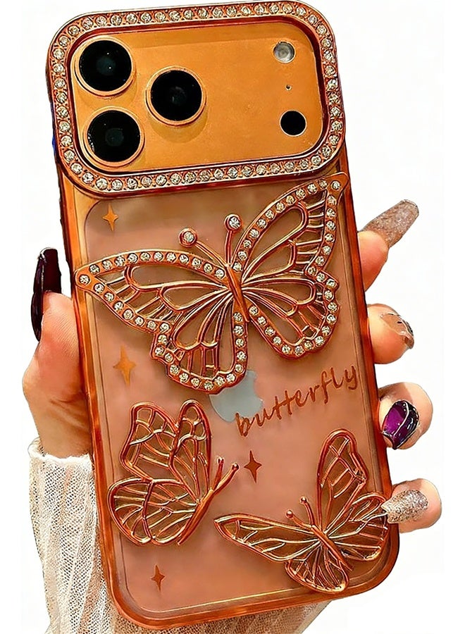 هابي دي غطاء حماية iPhone 17 Pro Max بتصميم فراشة لامعة، فاخر ومزين بأحجار الراين الكريستالية البراقة، مصنوع من مادة PC المطلية غير اللامعة، مقاوم للصدمات، فائق النحافة، باللون البرتقالي الكوني - Image 1