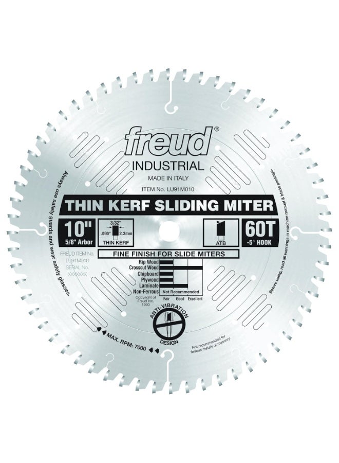 freud Freud LU91M010: 10" x 60T Thin Kerf Sliding Compound Miter Saw Blade 