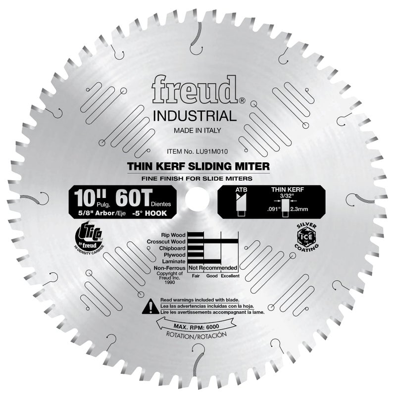 Freud LU91M010: 10" x 60T Thin Kerf Sliding Compound Miter Saw Blade - Image 1