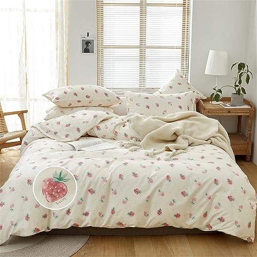 DREAMINGO Cute Strawberry Duvet Cover Queen Teen Girls Bedding Set Kawaii Bedroom Decor Cotton Quilt Cover with Zipper Lightweight 3 Piece Bed Set with 2 Pillow Cases, Cream White - Image 1
