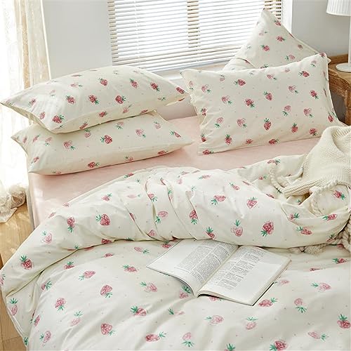 DREAMINGO Cute Strawberry Duvet Cover Queen Teen Girls Bedding Set Kawaii Bedroom Decor Cotton Quilt Cover with Zipper Lightweight 3 Piece Bed Set with 2 Pillow Cases, Cream White - Image 3