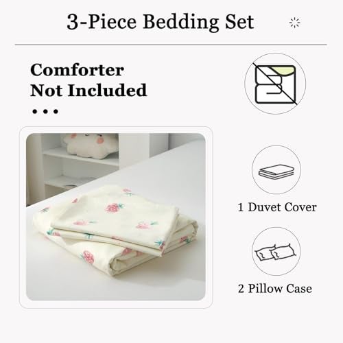 DREAMINGO Cute Strawberry Duvet Cover Queen Teen Girls Bedding Set Kawaii Bedroom Decor Cotton Quilt Cover with Zipper Lightweight 3 Piece Bed Set with 2 Pillow Cases, Cream White - Image 2