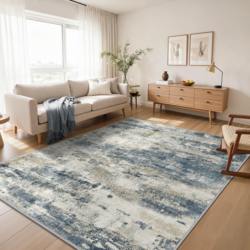 GENIMO 8x10 Area Rugs Washable Blue Rug for Living Room Bedroom, Abstract Modern Large Rug Non Slip, Water Repellent Low Pile Soft Carpet for Dining Room, Navy Blue - Image 2