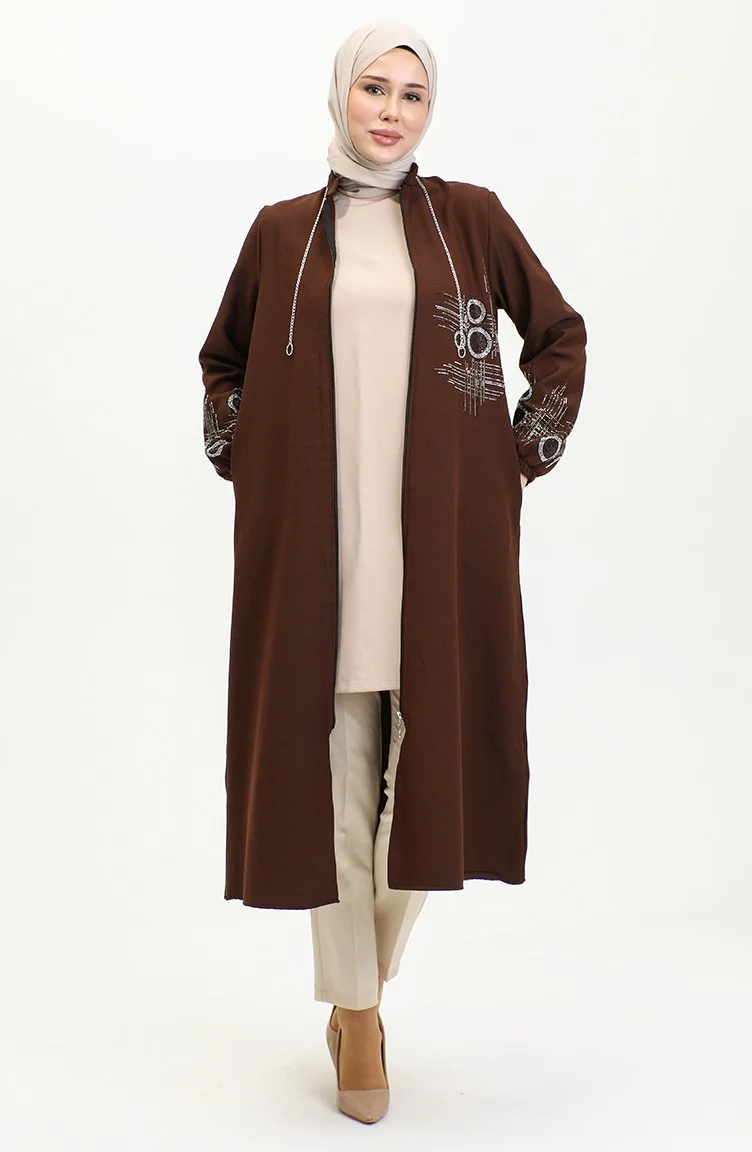 Sefa Merve Stone Printed Zippered Evening Dress Cape 0411-03 Brown