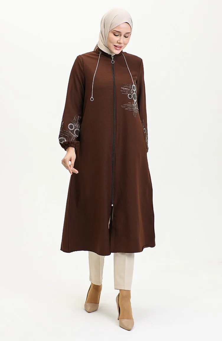 Sefa Merve Stone Printed Zippered Evening Dress Cape 0411-03 Brown