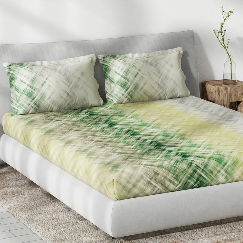 DDECOR Live beautiful DDECOR Live beautiful Cotton Abstract 145 TC King Fitted Bedsheet with 2 Pillow Covers - Green  - Image 2