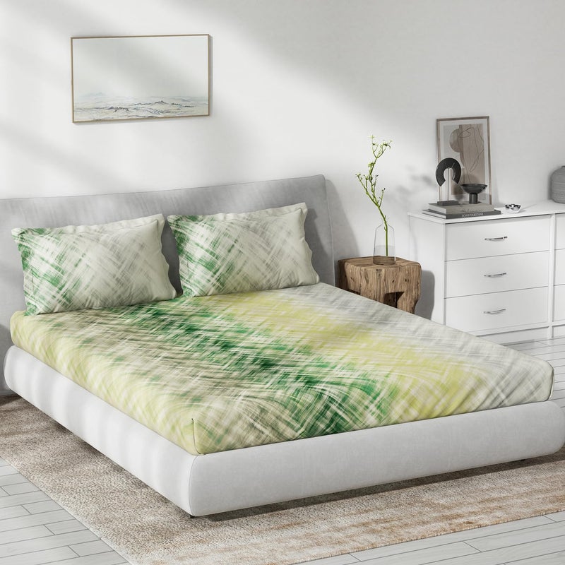 DDECOR Live beautiful DDECOR Live beautiful Cotton Abstract 145 TC King Fitted Bedsheet with 2 Pillow Covers - Green  - Image 1