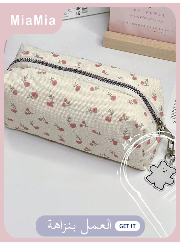 Miamia Large Floral Patterned Pencil Case with Zipper Storage for Girls and Women Durable Cute Stationery Organizer for School Office Travel White - Image 1