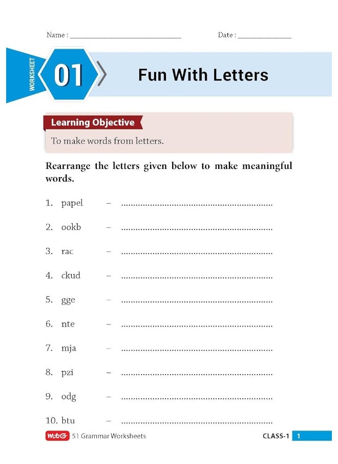 MTG 51 English Grammar Worksheets Class 1 – Grammar Work books to practice English concepts in interactive way (Based on CBSE/NCERT)