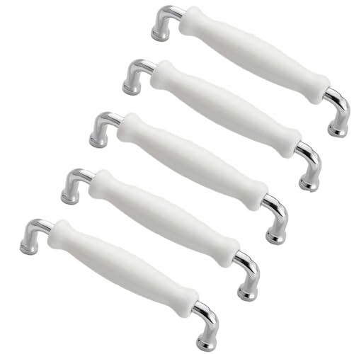SENRISE 5 Pack Zinc Alloy Cabinet Handles, 5" (128mm) Hole Centers White Ceramic Cabinet Pulls Drawer Pulls Hardware for Cabinets Cupboard (Silver) - Image 1