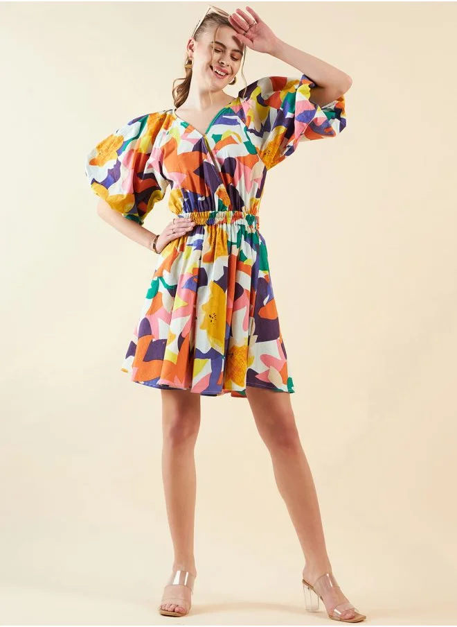 Freehand Women Fit and Flared Casual Floral Print V-Neck Waist Cut Out Dress