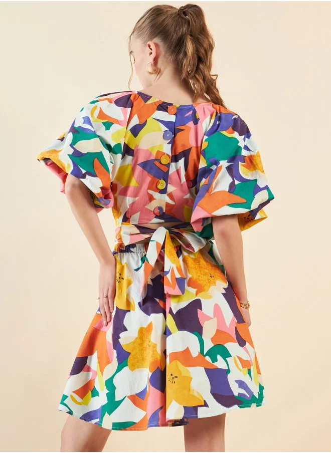Freehand Women Fit and Flared Casual Floral Print V-Neck Waist Cut Out Dress