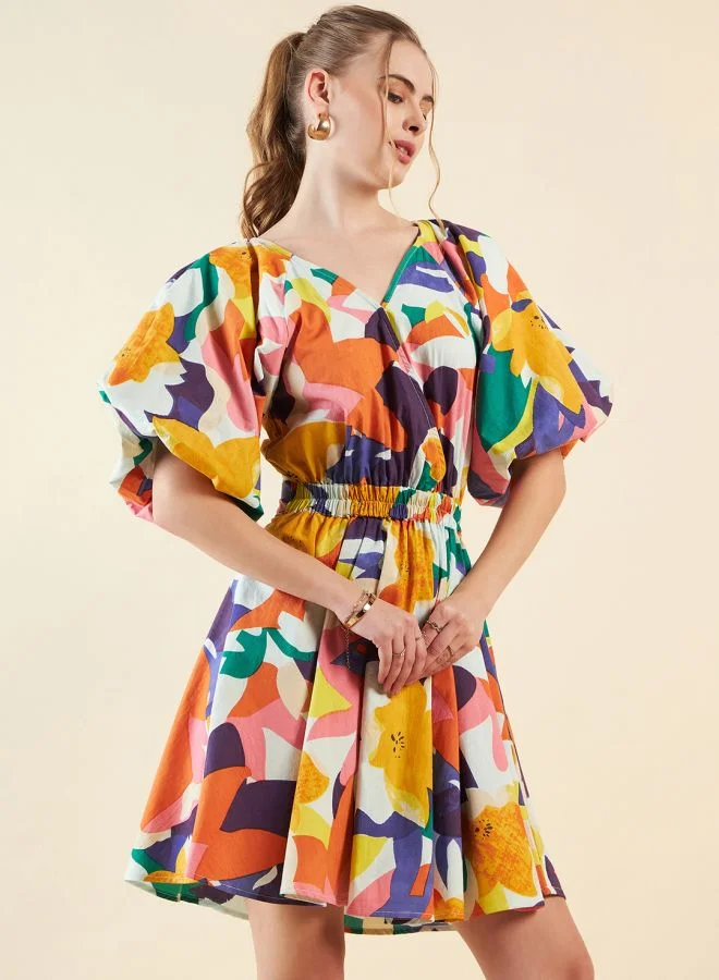 Freehand Women Fit and Flared Casual Floral Print V-Neck Waist Cut Out Dress