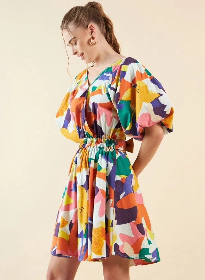 Freehand Women Fit and Flared Casual Floral Print V-Neck Waist Cut Out Dress