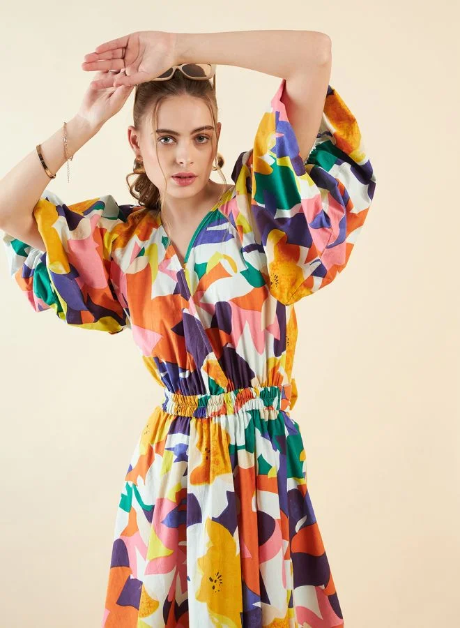 Freehand Women Fit and Flared Casual Floral Print V-Neck Waist Cut Out Dress