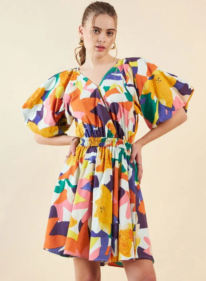 Freehand Women Fit and Flared Casual Floral Print V-Neck Waist Cut Out Dress