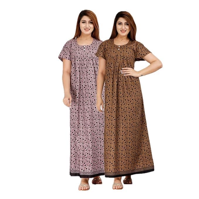 Vlazom Women's Pure Cotton Rajasthani Nighty & Jaipuri Maxi Gown – Pack of 2, Soft & Breathable Sleepwear (Brown&Purple, Free Size) - Image 1