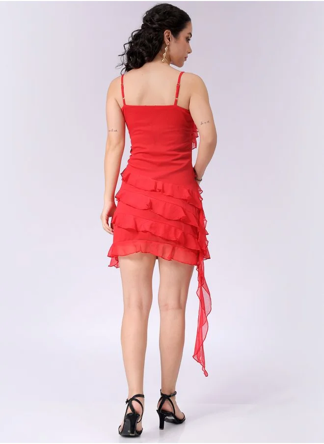 مرفوعة Women Fitted Party Wear Solid Ruffle Dress