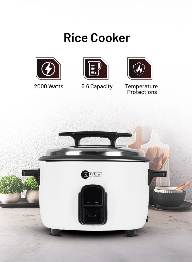 عفرا طنجرة أرز أفرا، سعة 5.6 لتر، وظيفة الحفاظ على الدفء، 2000 واط، حماية من درجات الحرارة العالية، كوب قياس وملعقة، أبيض، AF-56220RCGL، ضمان لمدة عامين - Image 1