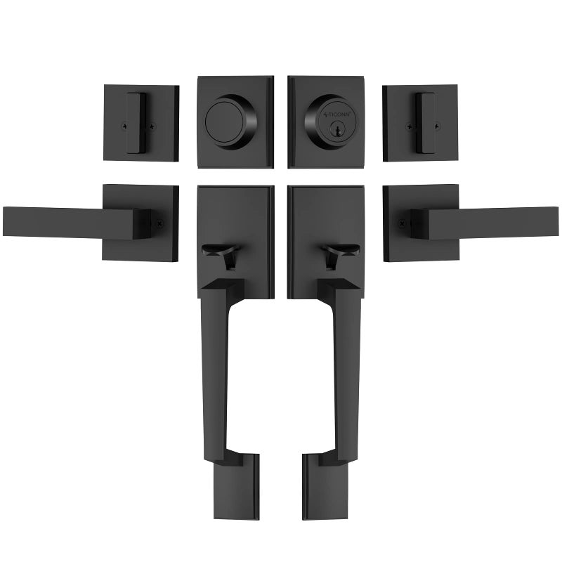 TICONN Double Front Door Handle Set Heavy Duty Square Door Lever and Single Cylinder Deadbolt Combo for Side by Side Entrance Exterior Doors Matte Black