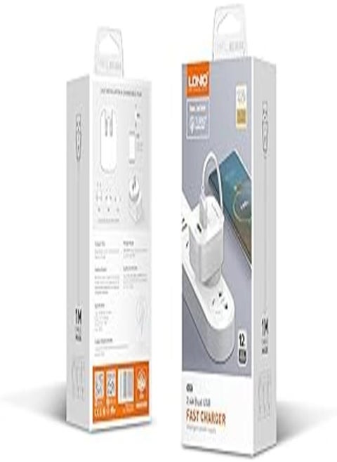 LDNIO A201 Dual USB 2.4A Fast Charger 12W Intelligent Power Supply With Lightning 1M Cable - White