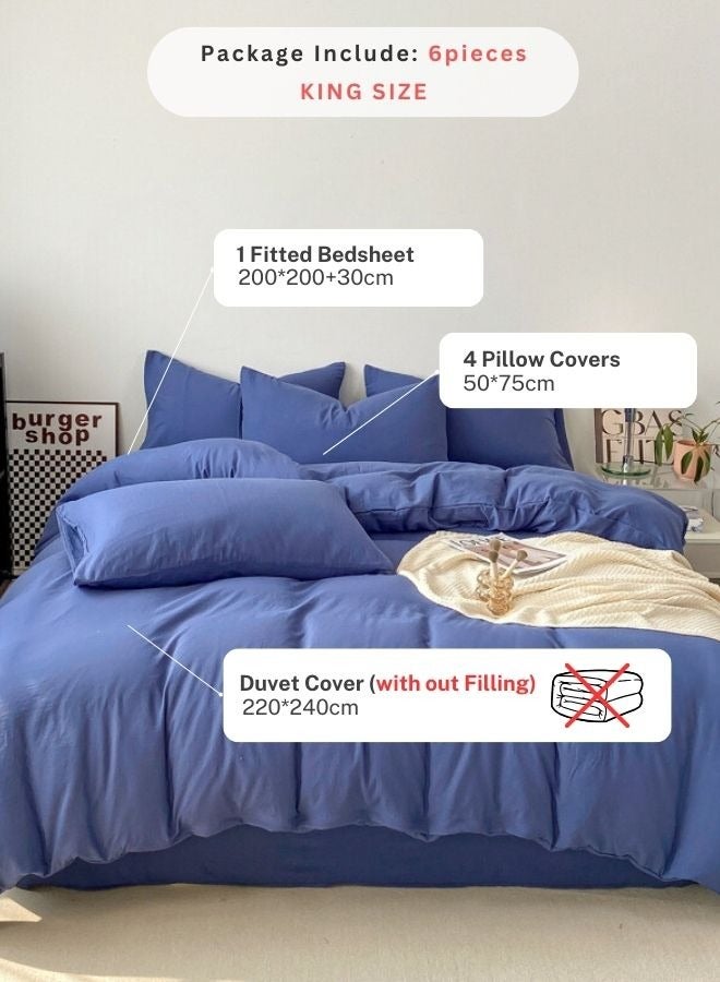 LUNA Home King Size 6 Piece Bedding Set Without Filling, Washable Cotton Blue Color.  - Image 2