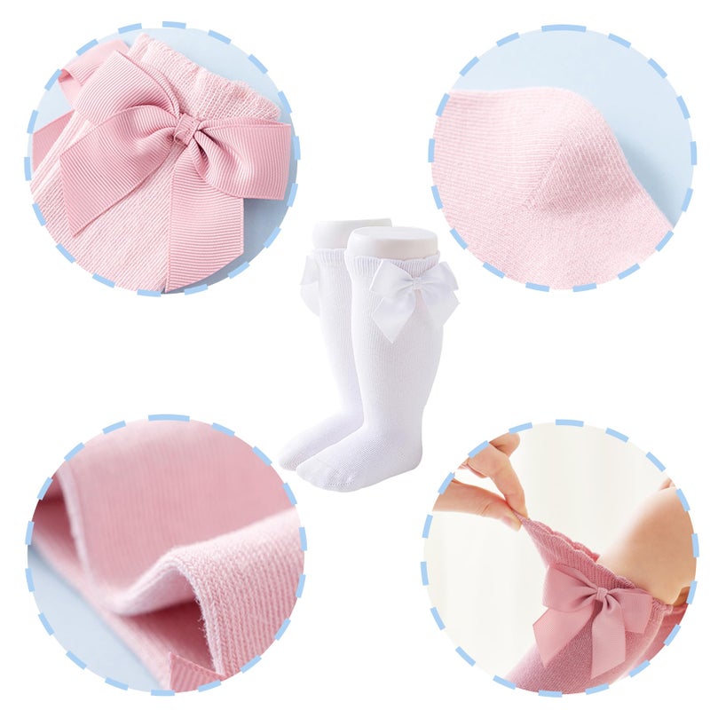 Santgoo Baby Girls Socks Knee High Socks 6-12 With Bow Infants Toddlers Stockings School Uniform Dress Socks White/Pink - Image 3