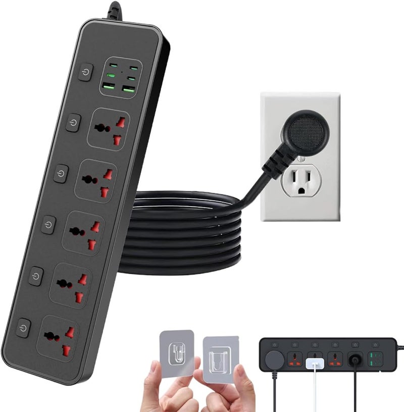 Jumpso USB C Power Strip with Individual Swtich, 6ft Universal Extension Cord with 5 Outlets and 2 USB 4 USB C Ports, Flat Plug, Max 3000w, 110-240v, Multiple Outlets Extender for Office Travel - Image 1