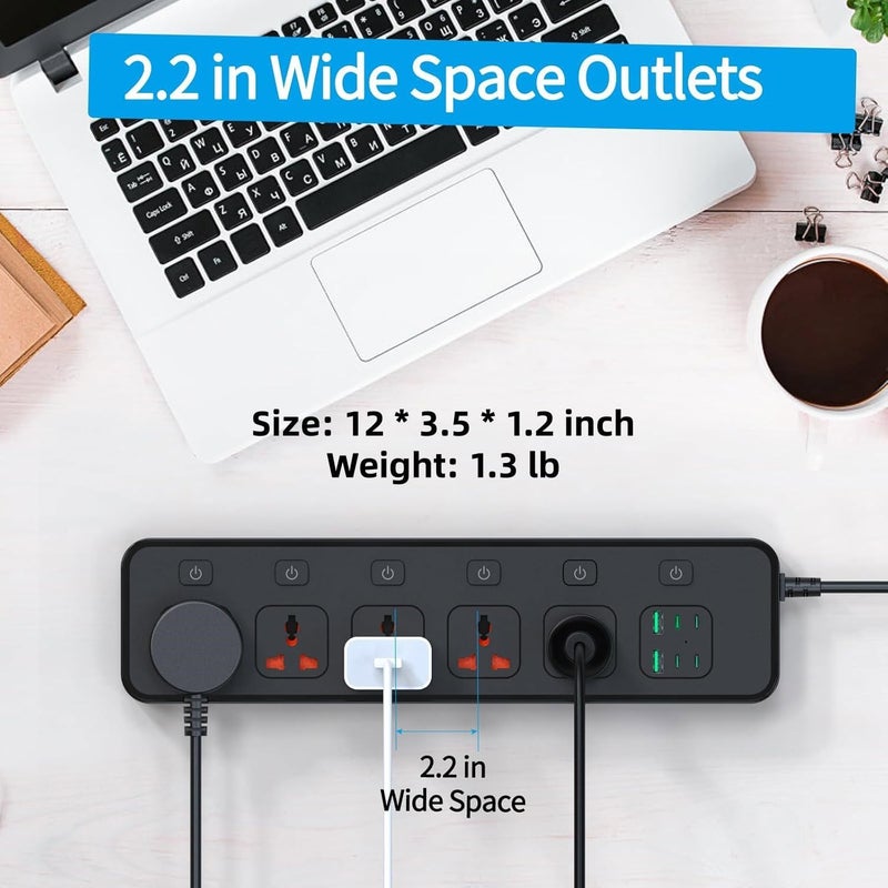 Jumpso USB C Power Strip with Individual Swtich, 6ft Universal Extension Cord with 5 Outlets and 2 USB 4 USB C Ports, Flat Plug, Max 3000w, 110-240v, Multiple Outlets Extender for Office Travel - Image 3